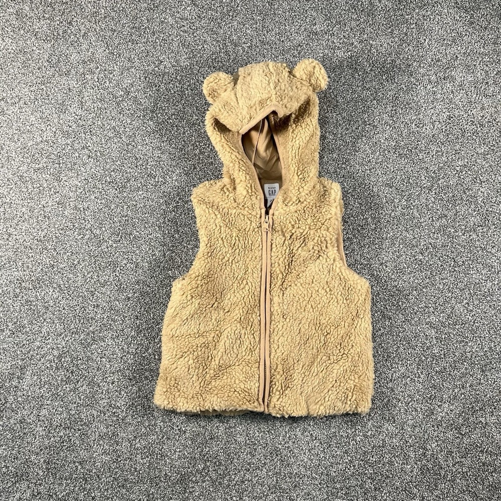 Baby Gap 18-24M Teddy Bear Sherpa Fleece Hooded Vest Beige Zip Up